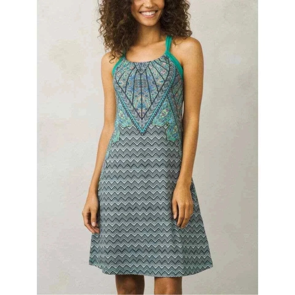 Prana Quinn Dress Teal Black Chevron Paisley Halter Racerback Shelf Bra Large